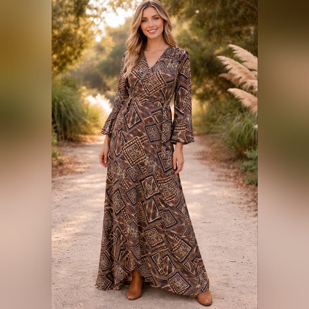 Veronica M Bohemian Wrap Maxi Long Bell Sleeve Dress Sz M #1225